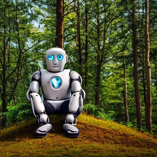 Prompt: professionnal photo of highly detailed robot sitting cross legged with its head pointing down on a small hill in a fantasy forest with blooming trees