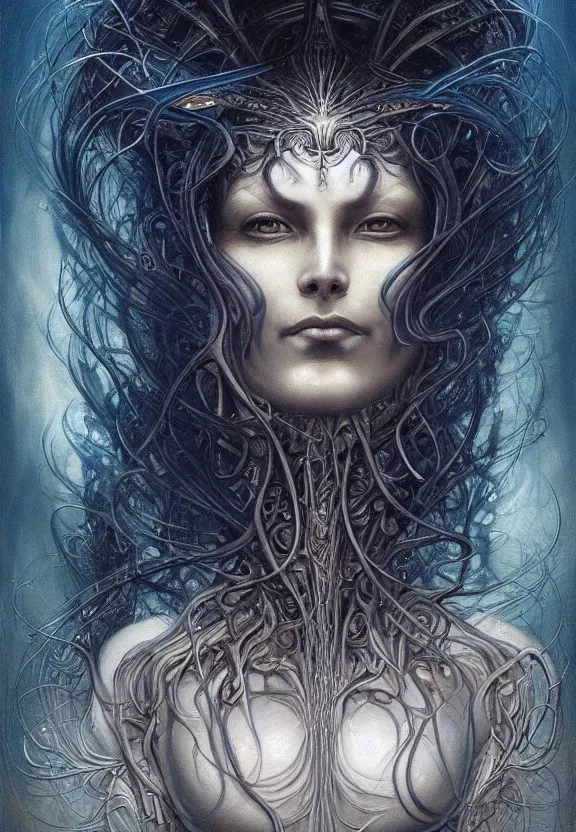 Image similar to perfectly centered portrait front view of a beautiful biomechanical moon goddess, flowing hair, intense stare, sweet sarcastic smile, symmetrical, dark blue skin, concept art, intricate detail, volumetric shadows and lighting, realistic oil painting by peter mohrbacher, h. r. giger, zdzisław beksinski, gustave dore,