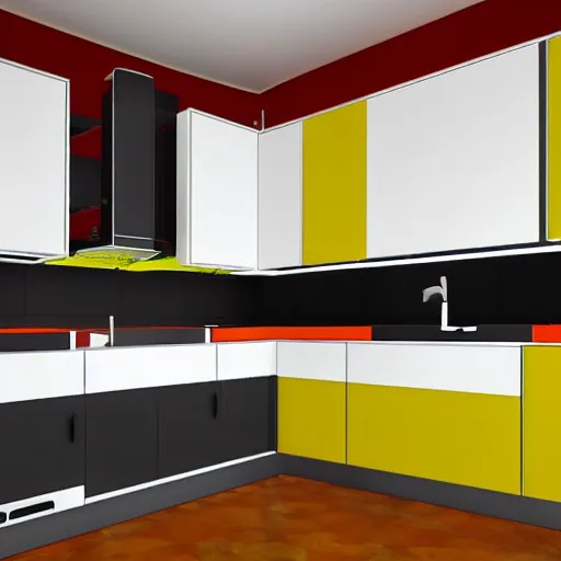 Image similar to 1970's futurist interior kitchen, furnished by aero aarino, primary colors are white, orange, yellow, and red unreal engine 8k resolution