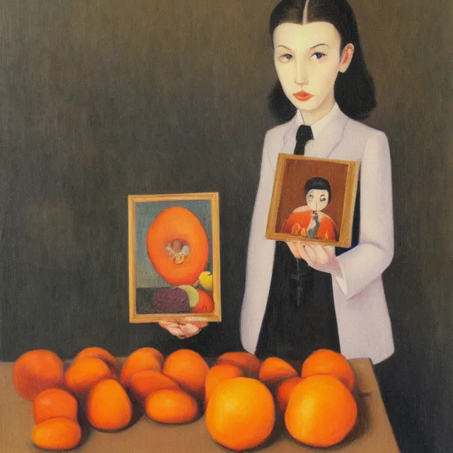 Image similar to tall emo girl artist holding small portraits and a persimmon, tokyo, pigs, octopus, acrylic on canvas, surrealist, by magritte and monet