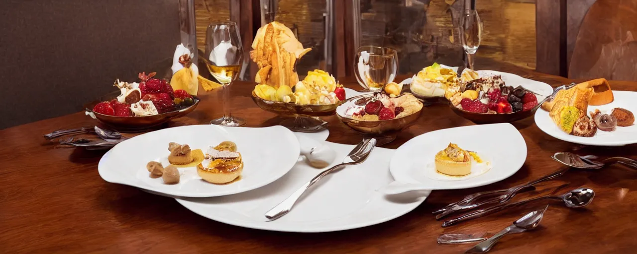 Prompt: Dessert Serving Plate in five-star restaurant. Promotional Advertisement Photo.