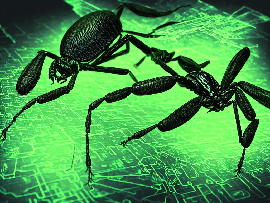 Image similar to a terrifying giant bug emerging from strands of neon green computer code text, matrix, hyperrealistic, digital painting, 8 k, artstation, very detailed