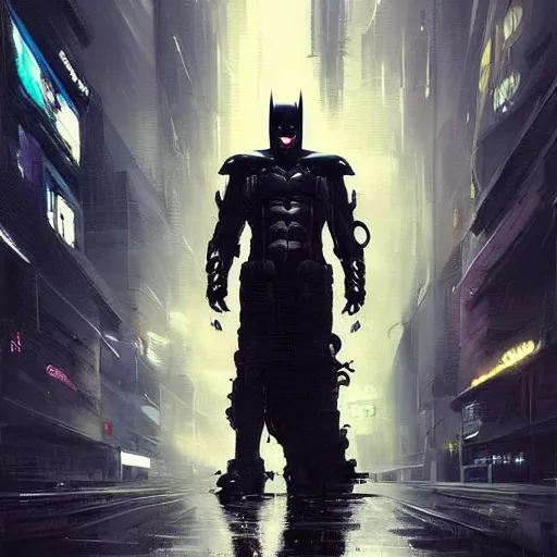 Prompt: cyberpunk batman, moody, futuristic, city background, brush strokes, oil painting, greg rutkowski