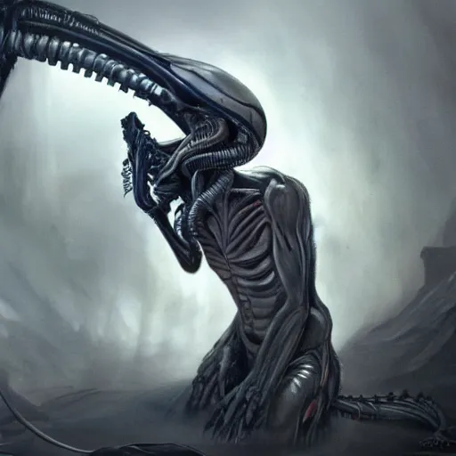 Image similar to a drawing of a xenomorph, artstation hall of fame gallery, editors choice, #1 digital painting of all time, most beautiful image ever created, emotionally evocative, greatest art ever made, lifetime achievement magnum opus masterpiece, the most amazing breathtaking image with the deepest message ever painted, a thing of beauty beyond imagination or words, 4k, highly detailed, cinematic lighting