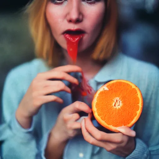 Image similar to woman eating orange cake, color film photography, 5 0 mm film