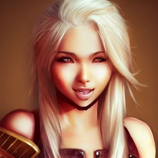 Prompt: very beautiful blonde asian female barbarian, smiling, flirty, eye contact, perfect face, perfect body, drawn by artgerm