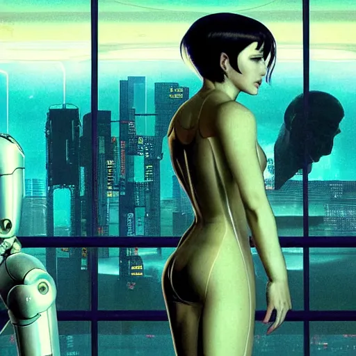 Prompt: a cinematic composition depicting : we're overlooking translucid crystal android being, whos is behind their heads up display viewing out of their window how a high tech lush solarpunk tribe collaborating with their technologic android helpers encroaching a cyberpunk robot retreat resort in the sauna at sunrise, ghost in the shell