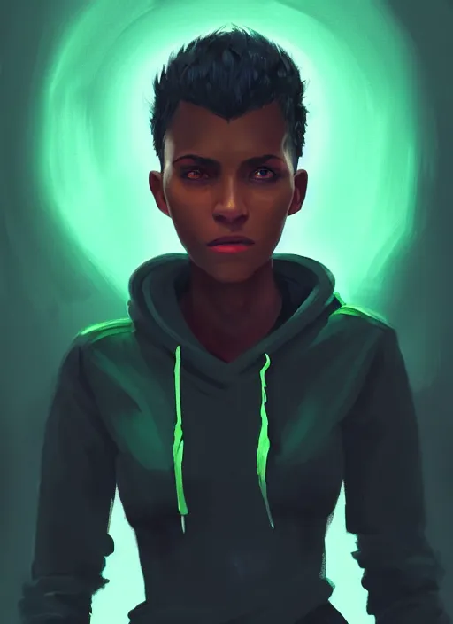 Prompt: photographic portrait of an handsome young black woman with a mohican haircut and green eyes in a back hoodie, atmospheric lighting, elegant, highly detailed, digital painting, artstation, concept art, sharp focus, star wars, illustration, art by makoto shinkai