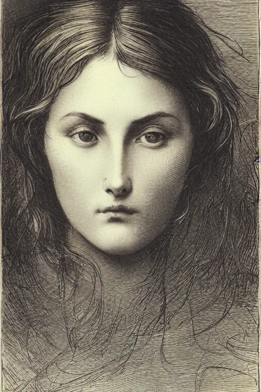 Prompt: extreme close-up portrait of a beautiful french woman with broad cheekbones with flower in the head, forest background, Gustave Dore lithography