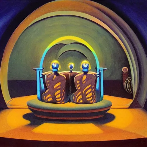 Image similar to three biomorphic robotic seers watchers oracles soothsayers with glowing eyes, inside a dome, pj crook, grant wood, edward hopper, syd mead, chiaroscuro, oil on canvas