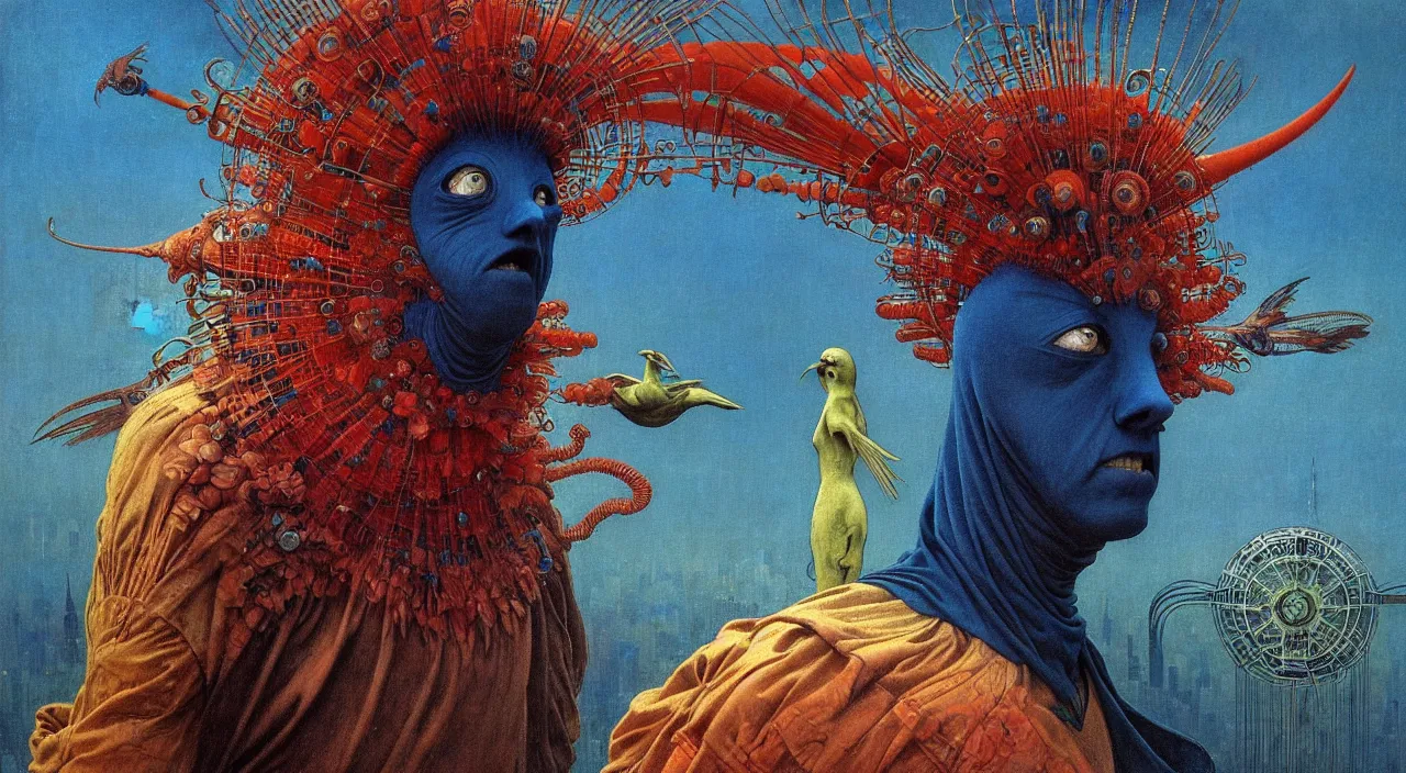Image similar to realistic detailed portrait movie shot of a birdman wearing dark robes, sci fi city landscape background by denis villeneuve, amano, yves tanguy, alphonse mucha, ernst haeckel, max ernst, roger dean, masterpiece, rich moody colours, blue eyes, occult