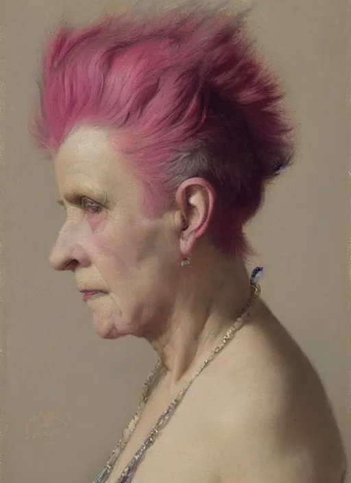 Image similar to a detailed portrait of old woman with a mohawk by edouard bisson, year, 1 9 2 0, pink hair, punk rock, oil painting, muted colours, soft lighting