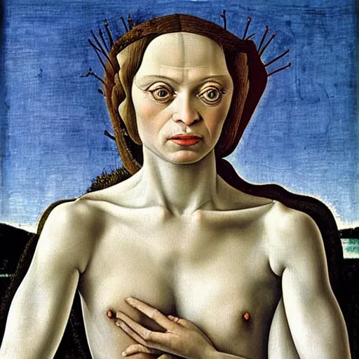 Image similar to madonna as gollum, elegant portrait by sandro botticelli, detailed, symmetrical, intricate