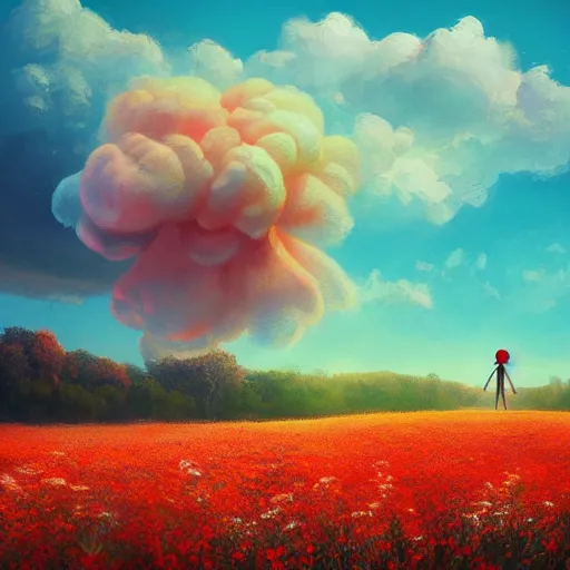 Prompt: giant red flower afro, full body, girl frontal in the middle of a field with flowers, surreal photography, hills, sunrise dramatic light, impressionist painting, colorful clouds, digital painting, pointillism, artstation, simon stalenhag