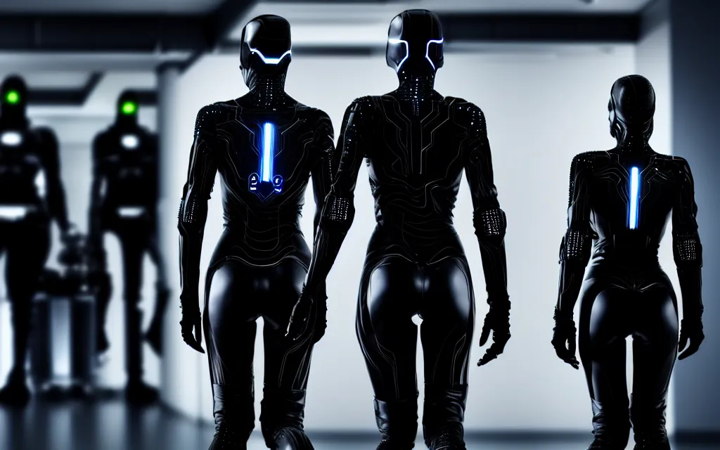 Image similar to love, diverse dark cybersuits, from behind, wide wide angle, vivid, elaborate, highly detailed, beautiful lighting