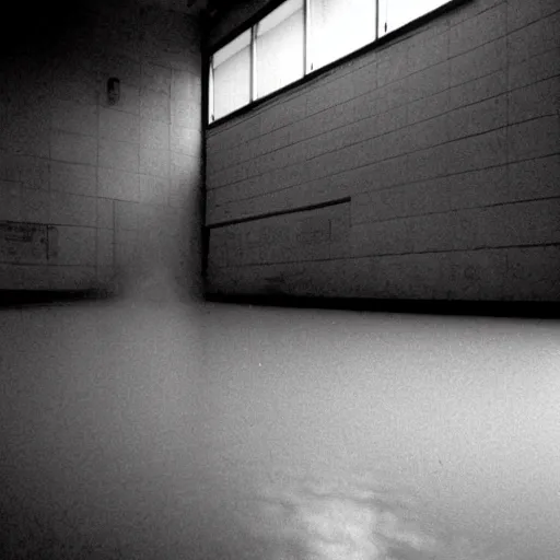 Image similar to Beautiful Fuzzy wide-eye-lens 15mm, harsh flash, cameraphone 2000s, Photograph of foggy school stairs with water on the floor