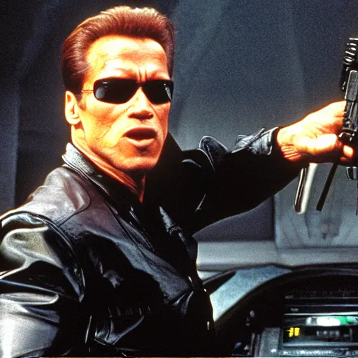 Image similar to arnold schwarzenegger as neo in the matrix