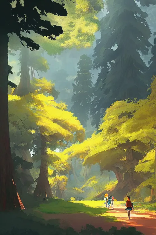 Prompt: Sequoia Park in a colorful moutain with beautiful trees ,morning , by studio ghibli painting, superior quality, masterpiece, traditional Japanese colors, by Grzegorz Rutkowski, concept art