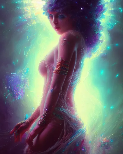 Image similar to Full View Portrait Mystical ethereal disco deity, disco ball Dryad of epic legend, 4k digital masterpiece by Greg Rutkowski and Ruan Jia and rossdraws, Alberto Seveso, fantasycore, Hyperdetailed, realistic oil on linen, soft lighting, Iconography background, featured on Artstation