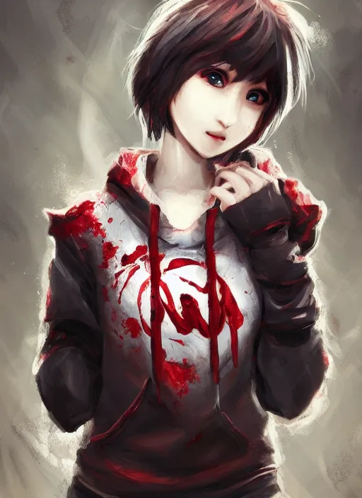 Image similar to a highly detailed illustration of short hair cute japanese girl wearing blood stained hoodie with the word nevada on it, dramatic smile pose, intricate, elegant, highly detailed, centered, digital painting, artstation, concept art, smooth, sharp focus, league of legends concept art, WLOP