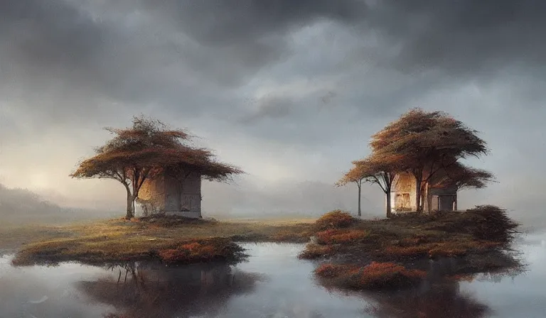 Image similar to A serene landscape with a singular building in the style of Darek Zabrocki.