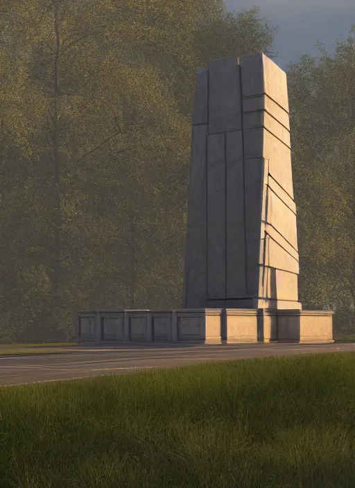 Image similar to highly detailed realistic architecture 3 d render of a metallic monumental stele in frank lloyd wright style standing on a highway, archdaily, made in unreal engine 4 octane render