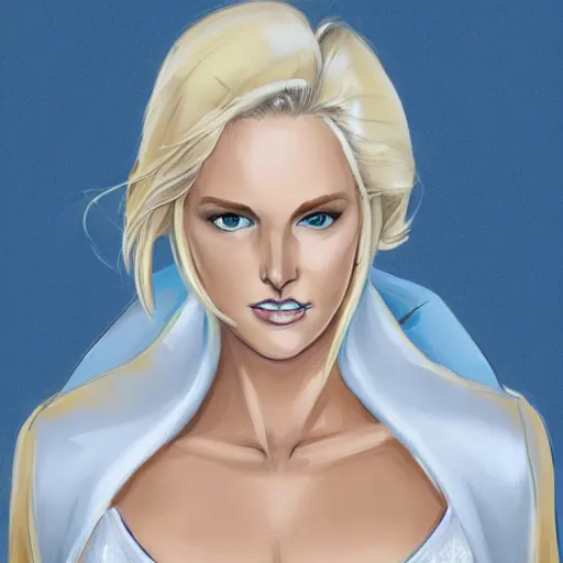 Image similar to portrait of emma frost, a beautiful woman in her 3 0 s with white blonde hair and blue eyes, dressed in a fashionable white suit, detailed face, smooth, sharp focus, teasing smile, artstation, art by knight zhang,