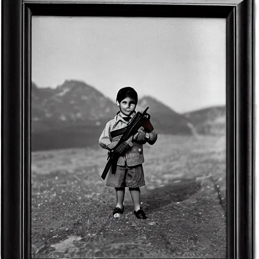 Image similar to a portrait of a young boy carrying a AK-47 rifle by Ansel Adams