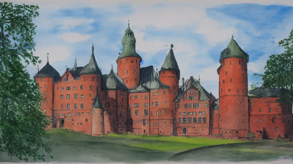 Prompt: orebro castle aquarelle painting