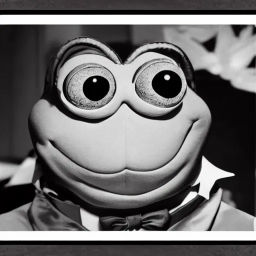 Image similar to portrait of Pepe the Frog as James Bond, photography by Cecil Beaton, Hollywood style lighting, black and white, photorealistic