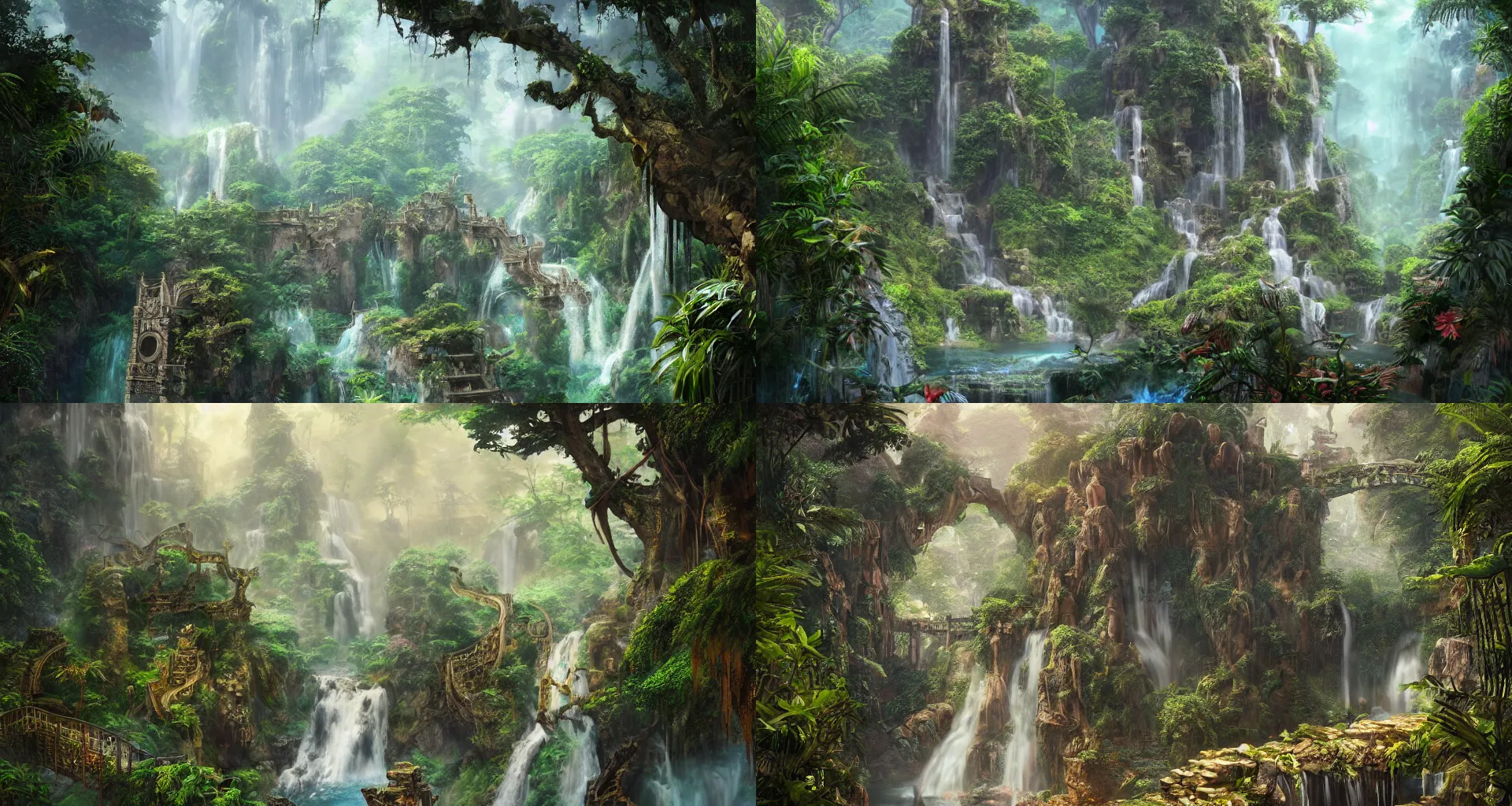 Prompt: a beautiful detailed matte painting of ancient ornamental magic gate in the jungle and small waterfall, digital art by cai zhichao and tyler edlin, hyper realistic, concept art, futurism, vibrant, detailed, octane render, cgsociety, trending on artstation