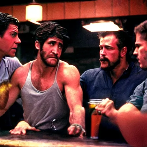 Image similar to cinestill of Jake Gyllenhaal fighting three men in a bar in the movie Road house