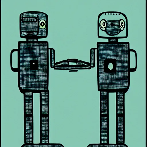 Prompt: two robots shaking hands with each other, an illustration of by tom gauld, behance contest winner, les automatistes, future tech, sci - fi, quantum wavetracing