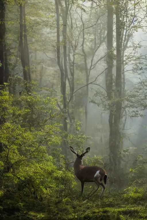 Image similar to a close up of a white - eyed deer, background of a landscape misty forest scene, the sun glistening through the trees