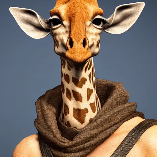 Image similar to a highly detailed portrait of a humanoid giraffe in a blue cloak, artstation, deviantart, professional, unreal engine 5, photorealistic