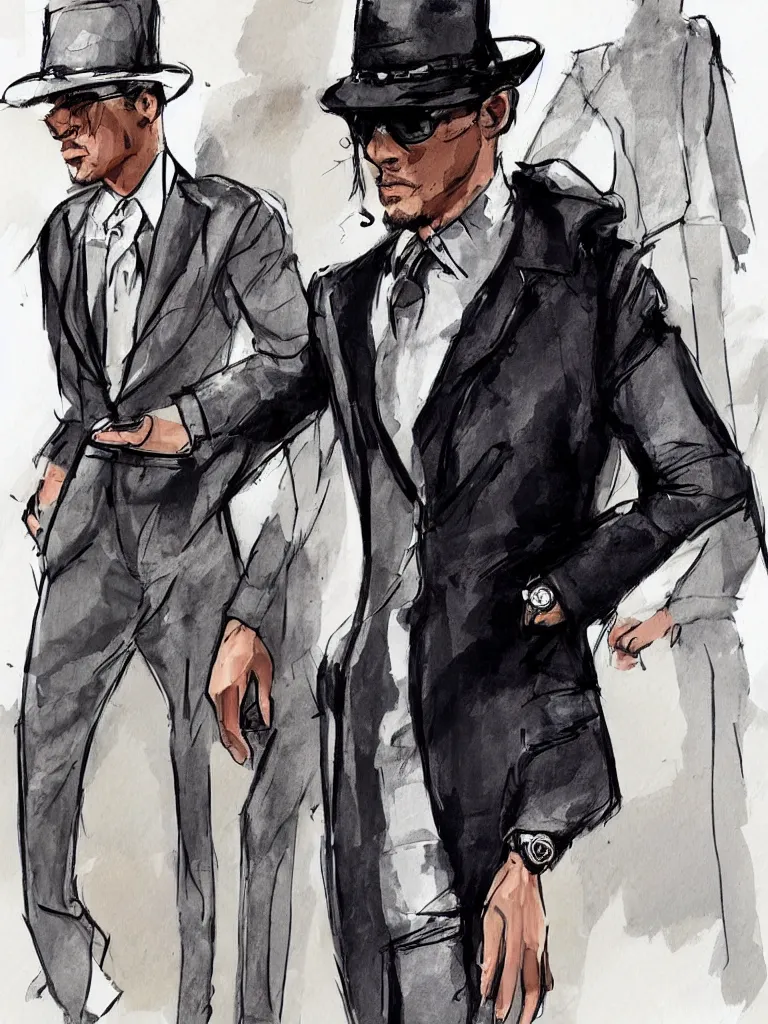 Prompt: fashionable modern and understated clothing on london gangster, confident pose, fashion illustration style