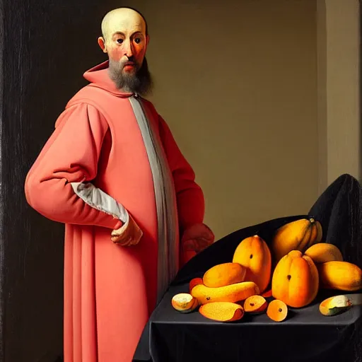 Prompt: A catholic priest with clothes made of papayas, papaya pattern clothes, papaya garments, art by Pieter Claesz, baroque, chiaroscuro