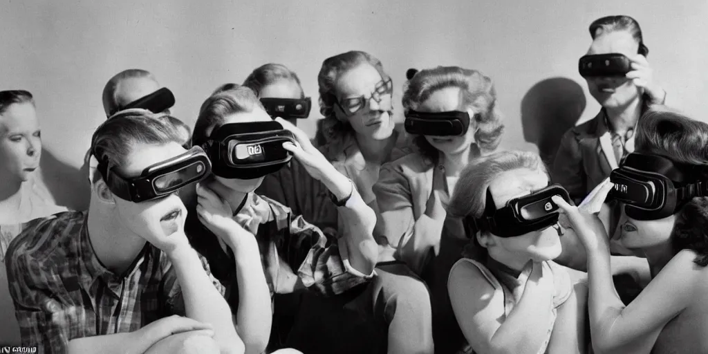 Image similar to people from the 1 9 5 0 s playing with virtual reality goggles, they are in awe, photograph