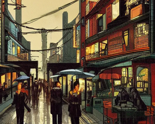 Image similar to dark rainy cyberpunk city life, street with open food places, by de chirico