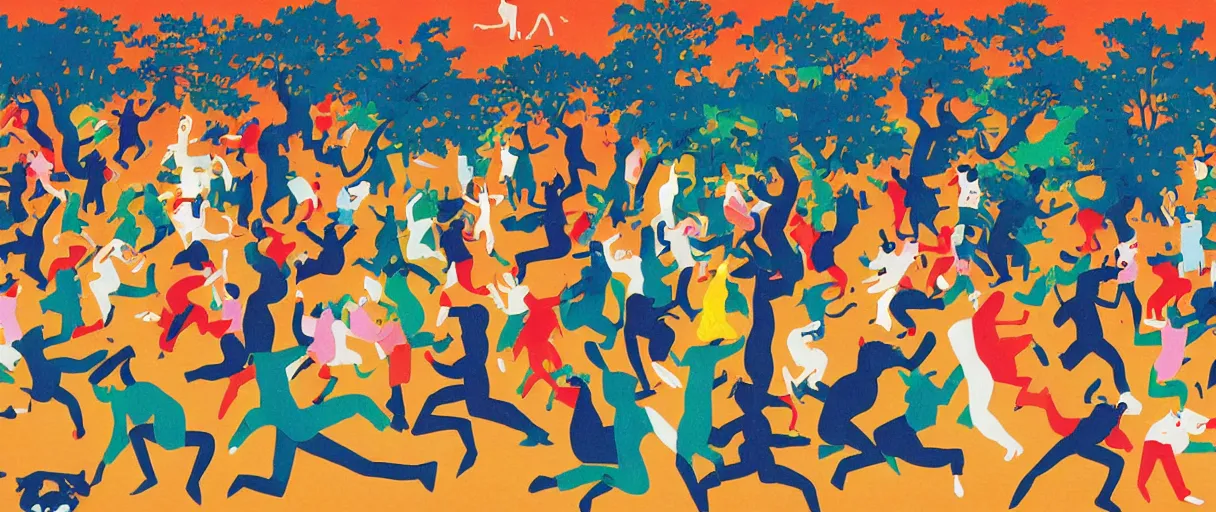 Prompt: pack of cats crazy dancing like people by Hiroshi Nagai, on trees, on ground, wood, colorful, bright colors, detailed