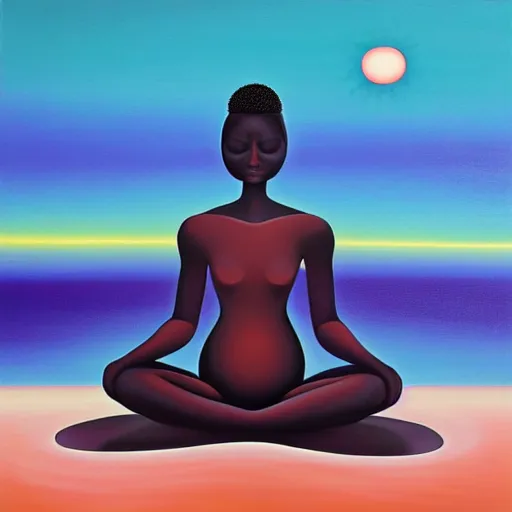 Prompt: a black woman meditating on a black sand beach at sunset, bioluminescent plankton by justin bua and evgeni gordiets and amanda sage in a surreal style, oil on canvas