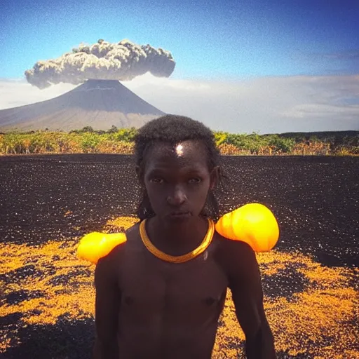 Image similar to “a goblin with brown skin and glowing yellow eyes with a volcano in the background”