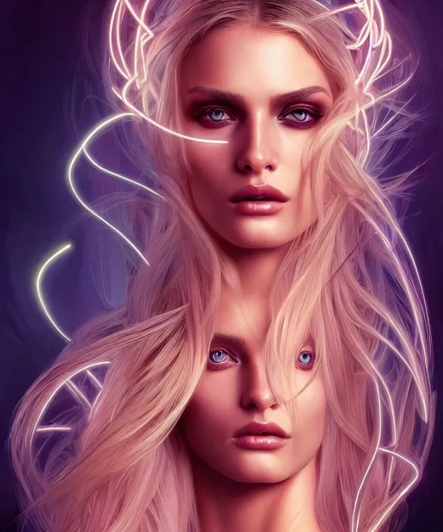 Image similar to Supermodel woman turning into an Android portrait, dark surrealism , scifi, intricate, elegant, sharp eyebrows, ornate long flowing blonde hair, highly detailed cybernetic body, neon glowing eyes, digital painting, artstation, concept art, smooth, sharp focus, illustration, art by artgerm and moebius and alphonse mucha