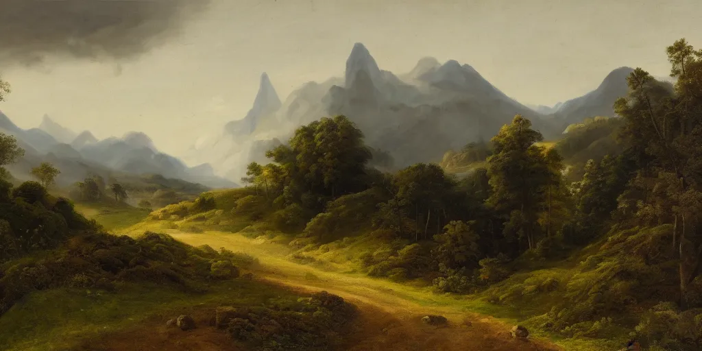 Prompt: a dramatic landscape painting of a mountain with a path leading into fields and forest, foggy atmosphere, by joachim patinir, oil on canvas, highly detailed, hd, 4 k