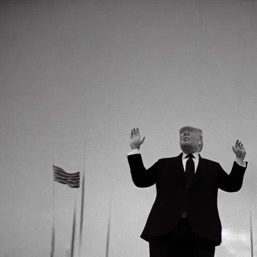 Prompt: photo of donald trump 1944 germany giving a speech, black and white, cinestill, 800t, 35mm, full-HD
