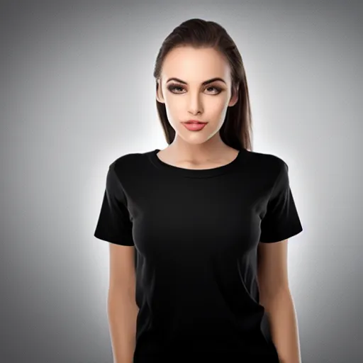 Image similar to clear photorealistic mockup product photograph of a blank black tshirt on an attractive female model in front of an indoor background - h 7 0 4