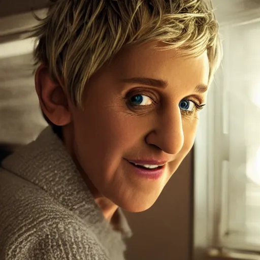 Image similar to portrait of ellen degeneres as a muppet, amazing artwork, natural light, elegant, photorealistic felt texture, intricate, detailed, atmospheric lighting, anamorphic lens flare, cinematic lighting, hd wallpaper, ultra high details by greg rutkowski