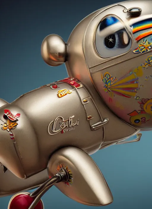 Image similar to highly detailed closeup portrait of a cute tin toy retro airplane, nicoletta ceccoli, mark ryden, lostfish, earl nore, hyung tae, frank frazetta, global illumination, god rays, detailed and intricate environment