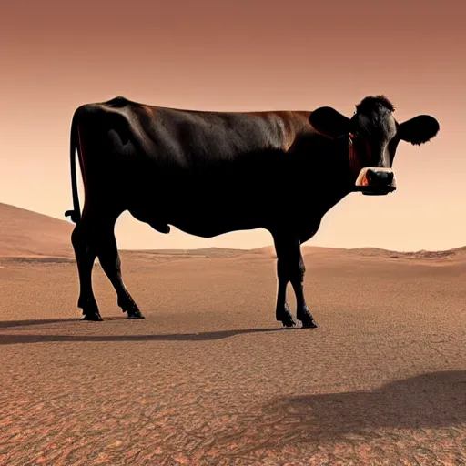 Prompt: a cow in the middle of a desert on Mars, wide landscape digital art, award winning art station render