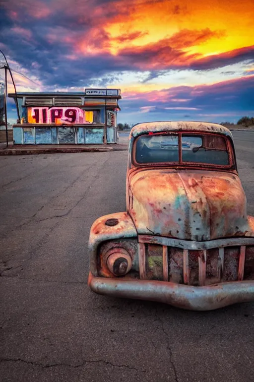 Image similar to a sunset light landscape with historical route 6 6, lots of sparkling details and sun ray ’ s, blinding backlight, smoke, volumetric lighting, colorful, octane, 3 5 mm, abandoned gas station, old rusty pickup - truck, beautiful epic colored reflections, very colorful heavenly, softlight